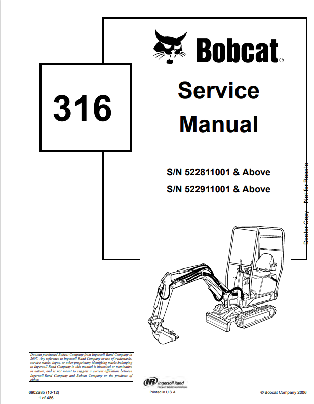 BOBCAT 316 LOADER SERVICE MANUAL 6902285 PDF
