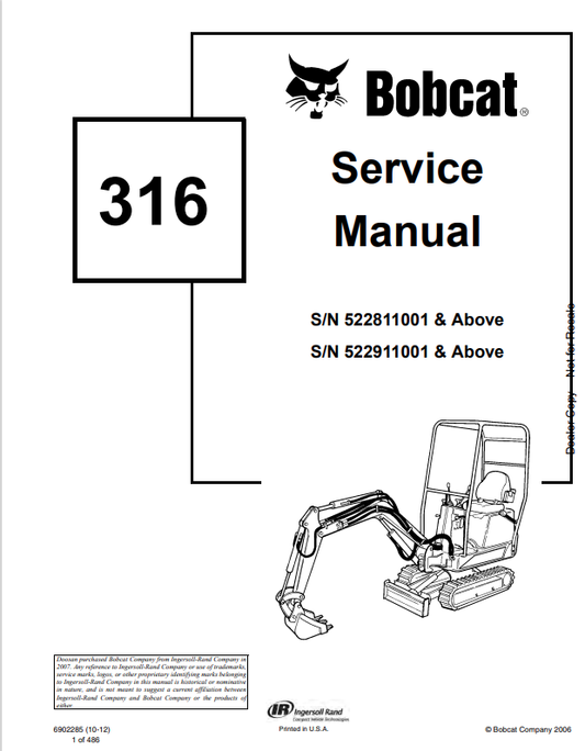 BOBCAT 316 LOADER SERVICE MANUAL 6902285 PDF