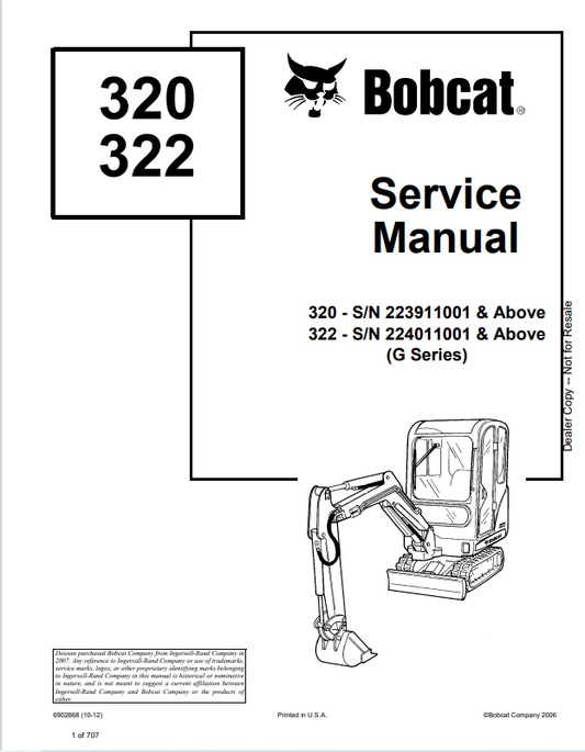 BOBCAT 320, 322 LOADER SERVICE MANUAL 6902668 PDF