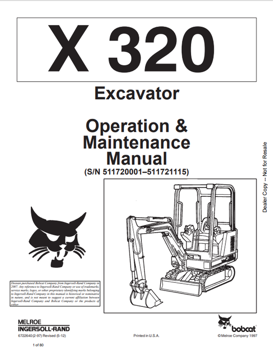 BOBCAT 320 EXCAVATOR OPERATION AND MAINTENANCE MANUAL 6722640 PDF