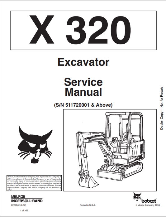 BOBCAT 320 EXCAVATOR SERVICE MANUAL 6722642 PDF