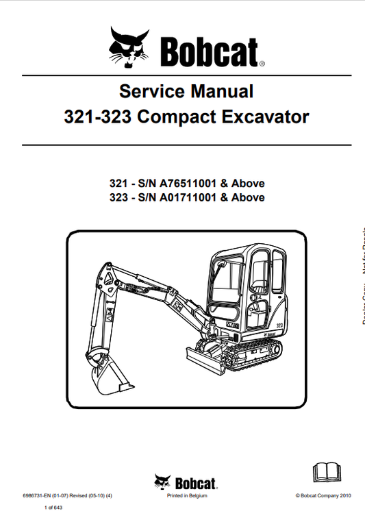 BOBCAT 321, 323 COMPACT EXCAVATOR SERVICE MANUAL 6986731 PDF