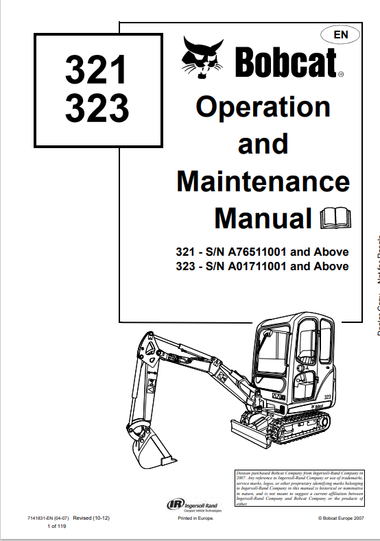 BOBCAT 321, 323 LOADER OPERATION AND MAINTENANCE MANUAL 7141831 PDF