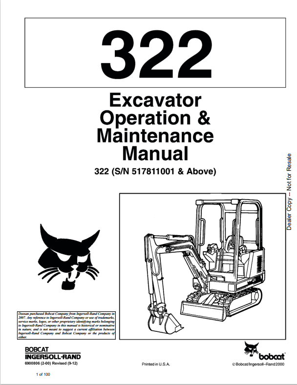 BOBCAT 322 EXCAVATOR OPERATION AND MAINTENANCE MANUAL 6900806 PDF