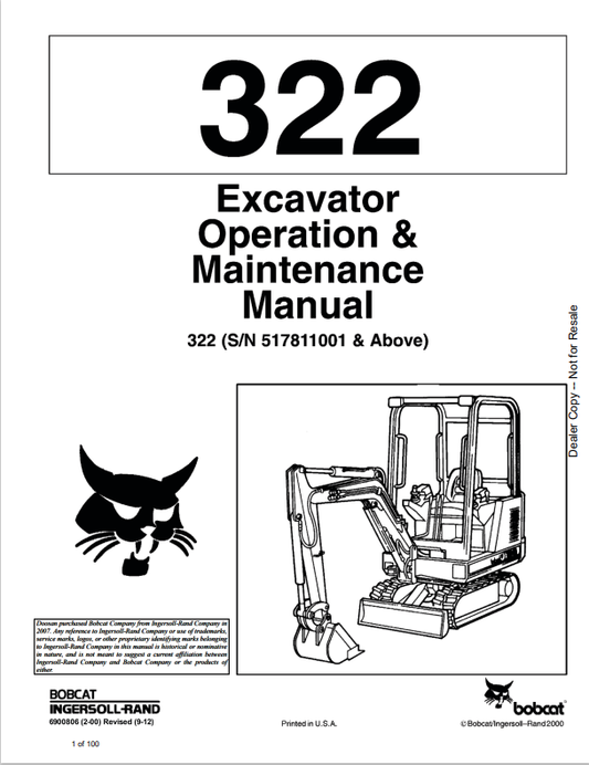 BOBCAT 322 EXCAVATOR OPERATION AND MAINTENANCE MANUAL 6900806 PDF
