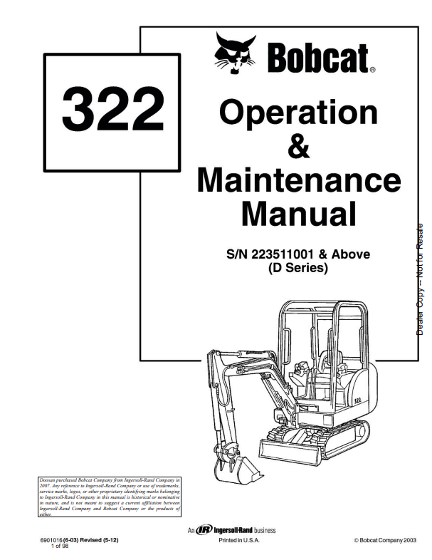 BOBCAT 322 LOADER OPERATION AND MAINTENANCE MANUAL 6901016 PDF