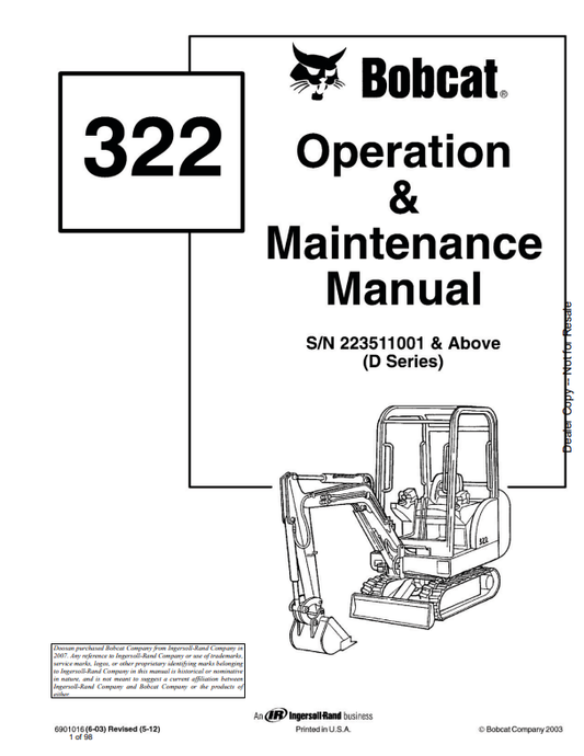 BOBCAT 322 LOADER OPERATION AND MAINTENANCE MANUAL 6901016 PDF
