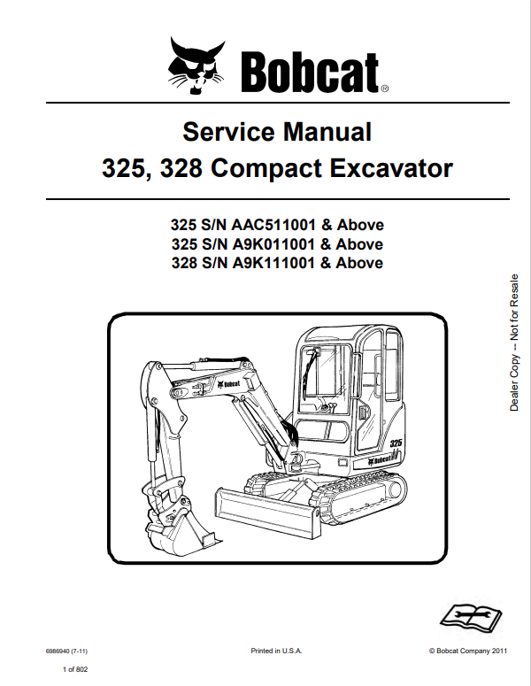 BOBCAT 325, 328 COMPACT EXCAVATOR SERVICE MANUAL 6986940 PDF