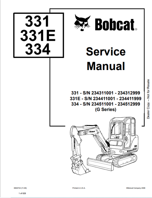 BOBCAT 331, 331E, 334 EXCAVATOR SERVICE MANUAL 6902743 PDF