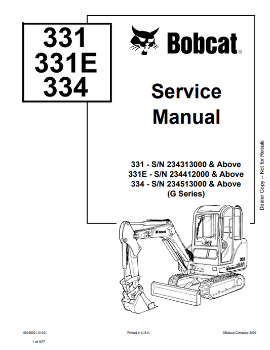 BOBCAT 331, 331E, 334 EXCAVATOR SERVICE MANUAL 6903830 PDF