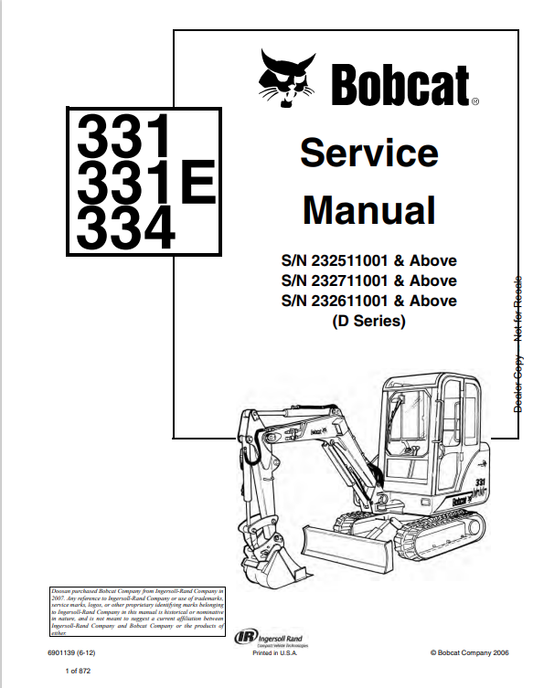 BOBCAT 331, 331E, 334 SERVICE MANUAL 6901139 PDF
