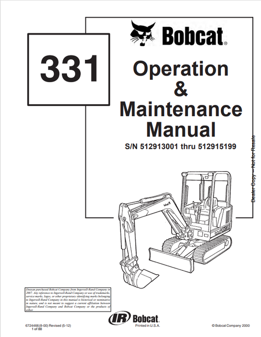 BOBCAT 331 LOADER OPERATION AND MAINTENANCE MANUAL 6724466 PDF