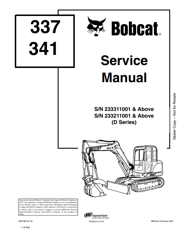 BOBCAT 337, 341 EXCAVATOR SERVICE MANUAL 6901080 PDF