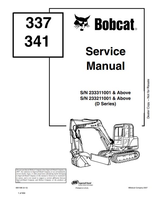 BOBCAT 337, 341 EXCAVATOR SERVICE MANUAL 6901080 PDF