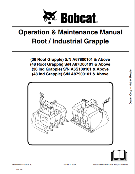 BOBCAT 36, 48 ROOT, INDUSTRIAL GRAPPLE OPERATION AND MAINTENANCE MANUAL 6986604 PDF
