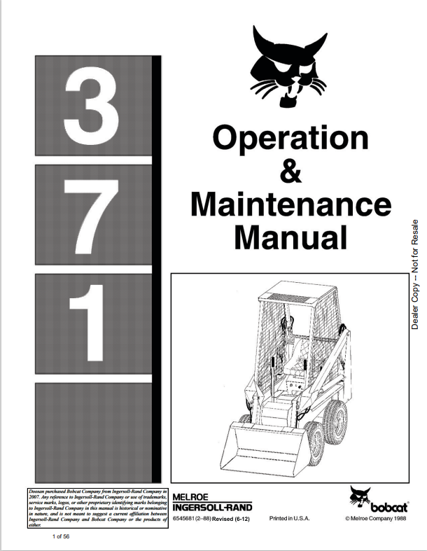 BOBCAT 371 LOADER OPERATION AND MAINTENANCE MANUAL 6545681 PDF