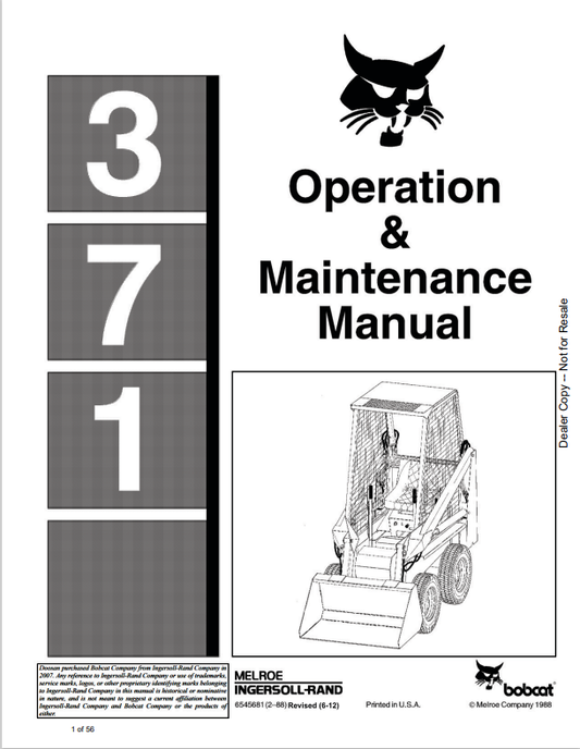 BOBCAT 371 LOADER OPERATION AND MAINTENANCE MANUAL 6545681 PDF