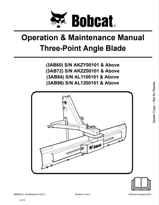 BOBCAT 3AB60, 3AB72, 3AB84, 3AB96 THREE-POINT ANGLE BLADE OPERATION AND MAINTENANCE MANUAL 6989539 PDF