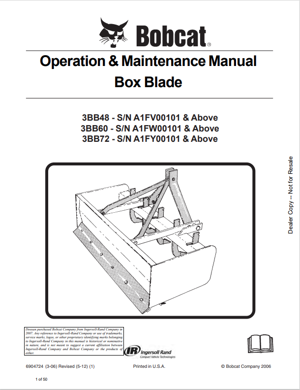 BOBCAT 3BB48, 3BB60, 3BB72 BOX BLADE OPERATION AND MAINTENANCE MANUAL 6904724 PDF