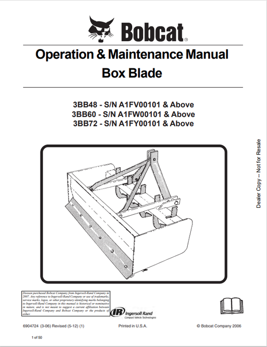 BOBCAT 3BB48, 3BB60, 3BB72 BOX BLADE OPERATION AND MAINTENANCE MANUAL 6904724 PDF