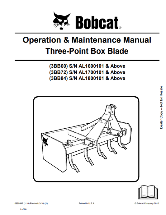 BOBCAT 3BB60, 3BB72, 3BB84 THREE-POINT BOX BLADE OPERATION AND MAINTENANCE MANUAL 6989542 PDF