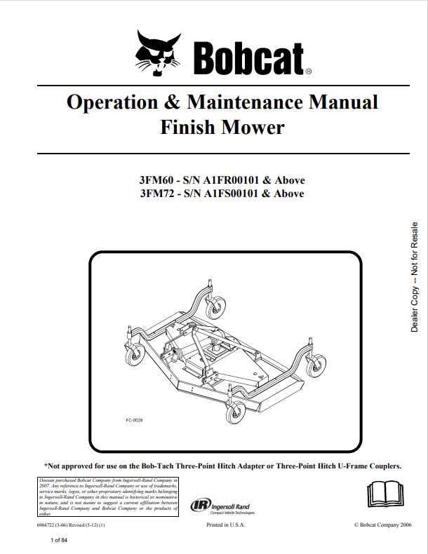 BOBCAT 3FM60, 3FM72 FINISH MOWER OPERATION AND MAINTENANCE MANUAL 6904722 PDF