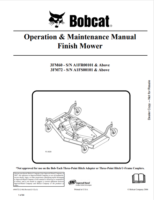 BOBCAT 3FM60, 3FM72 FINISH MOWER OPERATION AND MAINTENANCE MANUAL 6904722 PDF