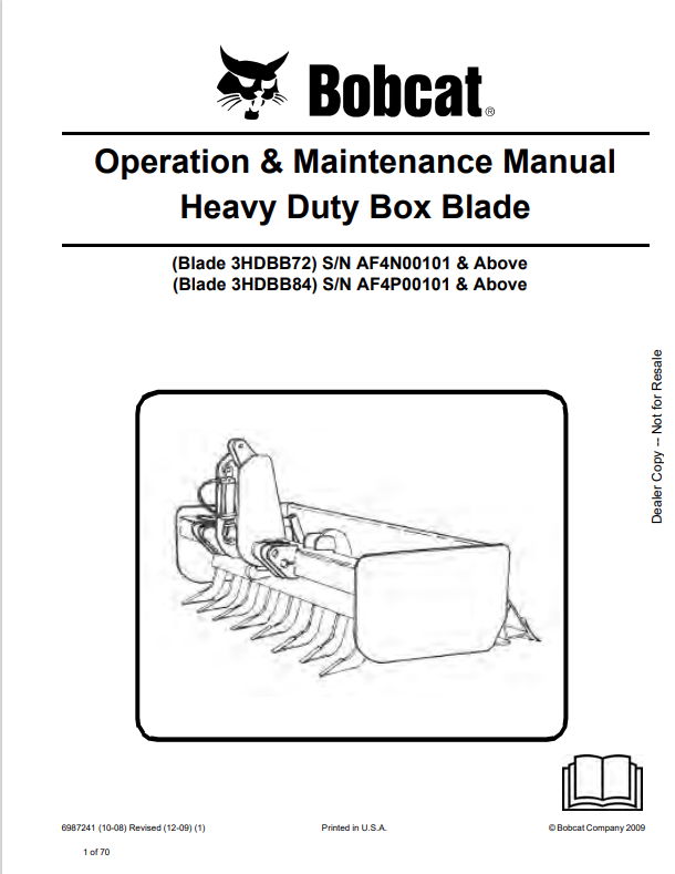 BOBCAT 3HDBB72, 3HDBB84 HEAVY DUTY BOX BLADE OPERATION AND MAINTENANCE MANUAL 6987241 PDF