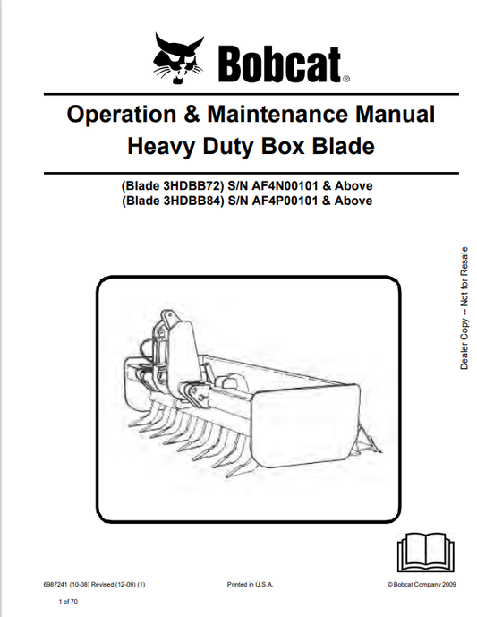 BOBCAT 3HDBB72, 3HDBB84 HEAVY DUTY BOX BLADE OPERATION AND MAINTENANCE MANUAL 6987241 PDF