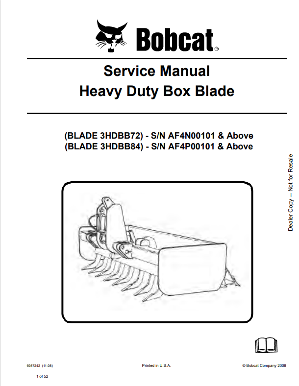 BOBCAT 3HDBB72, 3HDBB84 HEAVY DUTY BOX BLADE SERVICE MANUAL 6987242 PDF