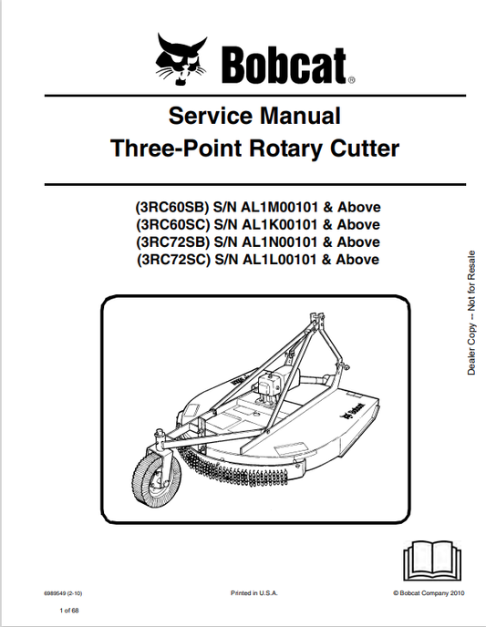 BOBCAT 3RC60SB, 3RC60SC, 3RC72SB, 3RC72SC THREE POINT ROTARY CUTTER SERVICE MANUAL 6989549 PDF