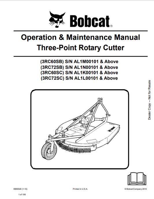 BOBCAT 3RC60SB, 3RC72SB, 3RC60SC, 3RC72SC THREE-POINT ROTARY CUTTER OPERATION AND MAINTENANCE MANUAL 6989548 PDF