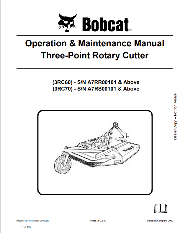 BOBCAT 3RC60, 3RC70 THREE-POINT ROTARY CUTTER OPERATION AND MAINTENANCE MANUAL 6986513 PDF