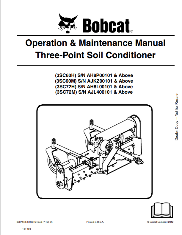 BOBCAT 3SC60H, 3SC60M, 3SC72H, 3SC72M THREE-POINT SOIL CONDITIONER OPERATION AND MAINTENANCE MANUAL 6903827 PDF