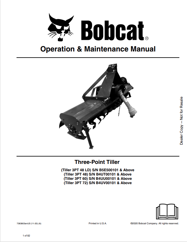BOBCAT 3TIL48, 3TIL60, 3TIL74 THREE-POINT TILLER OPERATION AND MAINTENANCE MANUAL 6987114 PDF