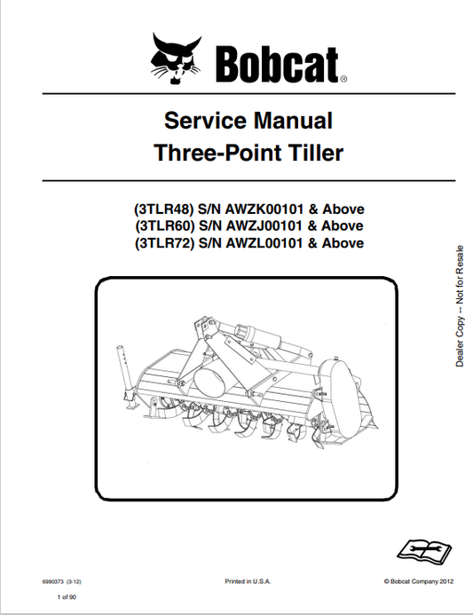 BOBCAT 3TLR48, 3TLR60, 3TLR72 THREE-POINT TILLER SERVICE MANUAL 6990373 PDF