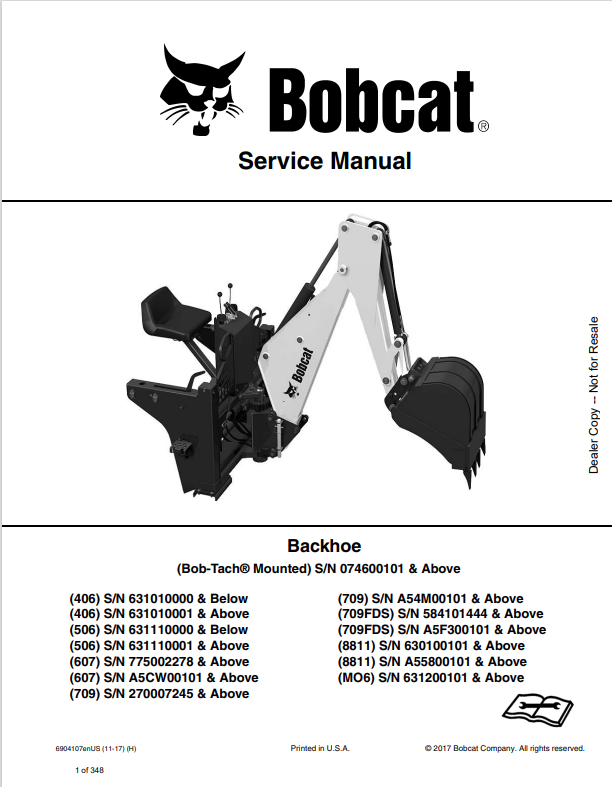 BOBCAT 406, 506, 607, 709, 709FDS, 8811, MO6 BACKHOE SERVICE MANUAL 6904107 PDF