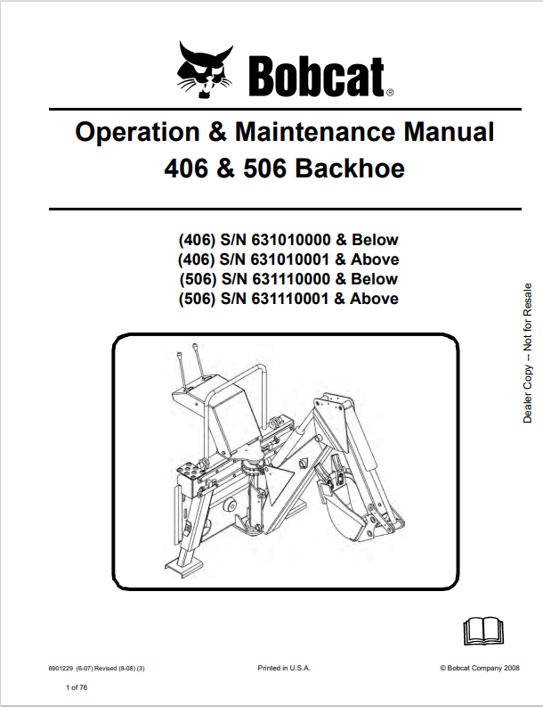 BOBCAT 406 AND 506 BACKHOE OPERATION AND MAINTENANCE MANUAL 6901229 PDF