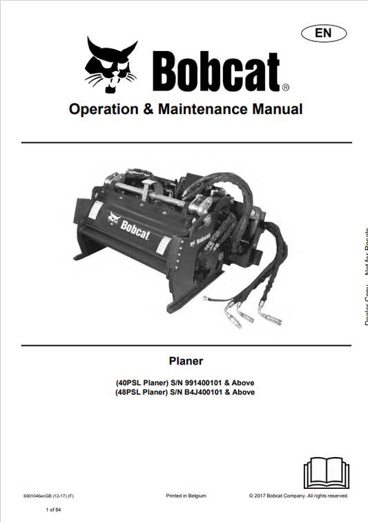 BOBCAT 40PSL, 48PSL PLANER OPERATION AND MAINTENANCE MANUAL 6901046 PDF