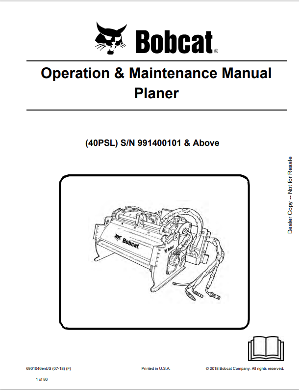 BOBCAT 40PSL PLANER OPERATION AND MAINTENANCE MANUAL 6901046 PDF