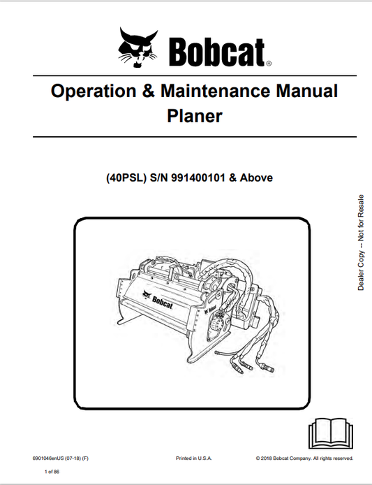 BOBCAT 40PSL PLANER OPERATION AND MAINTENANCE MANUAL 6901046 PDF