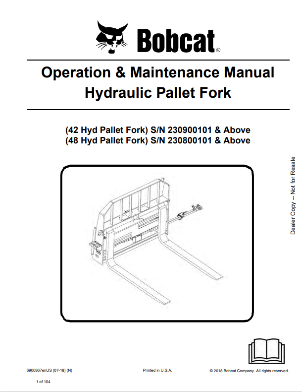 BOBCAT 42, 48 HYDRAULIC PALLET FORK OPERATION AND MAINTENANCE MANUAL 6900867 PDF