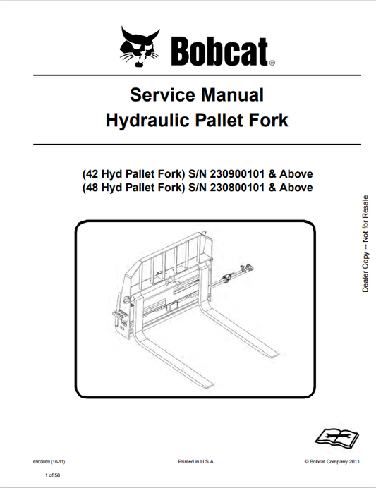 BOBCAT 42, 48 HYDRAULIC PALLET FORK SERVICE MANUAL 6900869 PDF