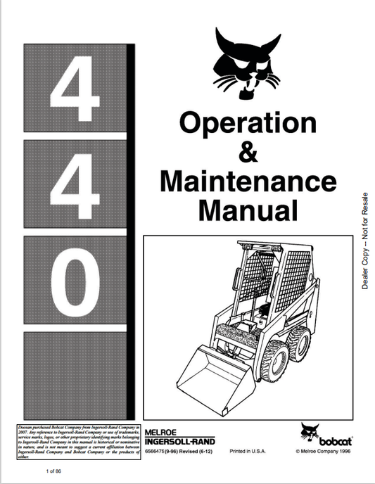 BOBCAT 440 LOADER OPERATION AND MAINTENANCE MANUAL 6566475 PDF