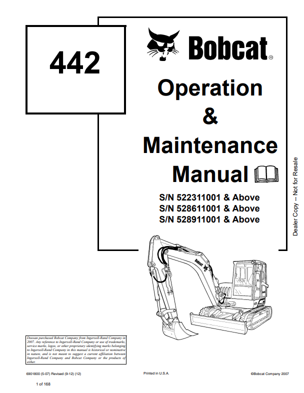 BOBCAT 442 LOADER OPERATION AND MAINTENANCE MANUAL 6901800 PDF