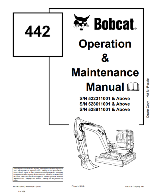 BOBCAT 442 LOADER OPERATION AND MAINTENANCE MANUAL 6901800 PDF