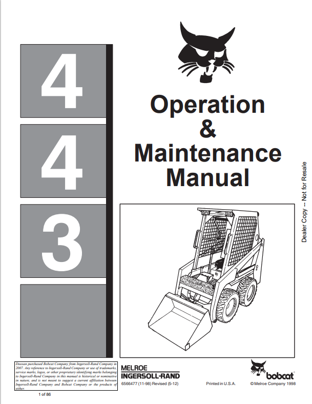BOBCAT 443 LOADER OPERATION AND MAINTENANCE MANUAL 6566477 PDF