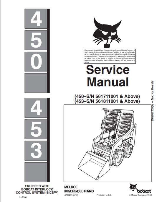BOBCAT 450, 453 LOADER SERVICE MANUAL 6724259 PDF