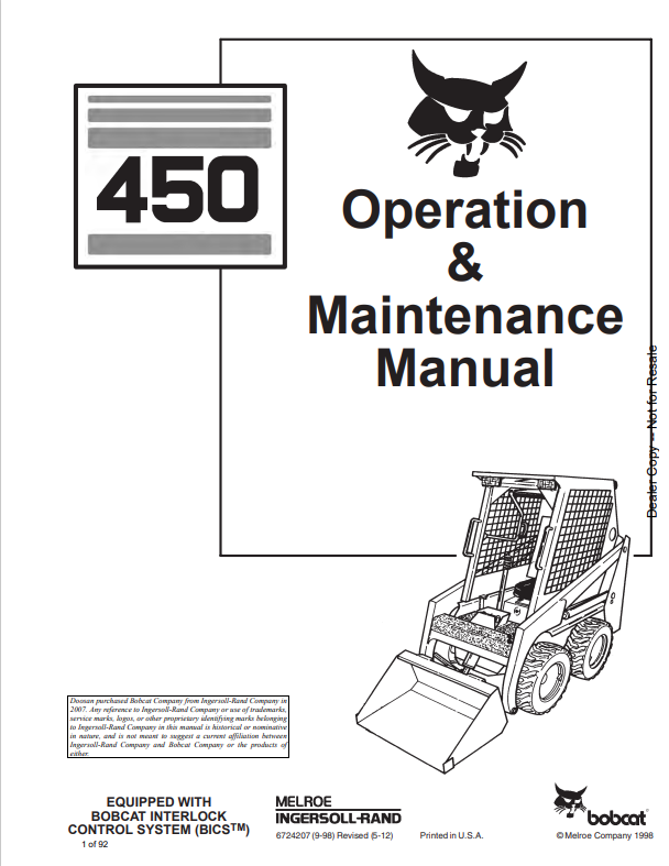 BOBCAT 450 LOADER OPERATION AND MAINTENANCE MANUAL 6724207 PDF