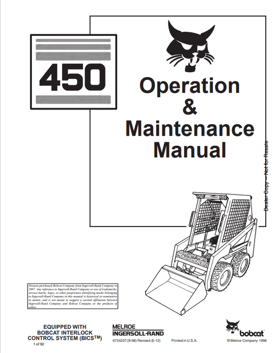BOBCAT 450 LOADER OPERATION AND MAINTENANCE MANUAL 6724207 PDF